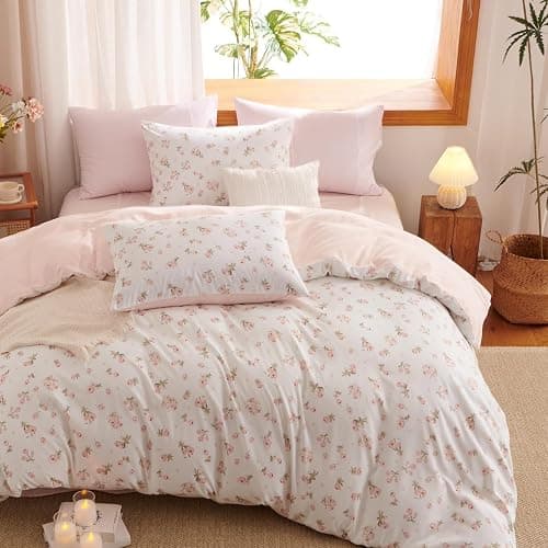 Erwinmu Floral Comforter Set Queen Size Pink Bedding Sets for All Season | Pink White Floral Comforter 3 Pieces,Reversible Queen Bed in a Bag,Flowers Coquette Aesthetic Comforter and 2 Pillowcases thumbnail 8