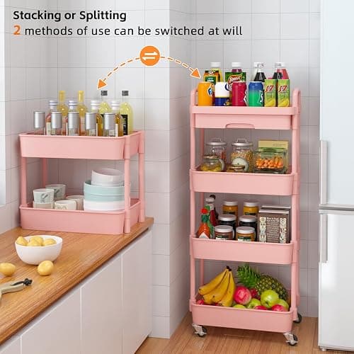 Calmootey 4-Tier Rolling Utility Cart with Drawer,Multifunctional Storage Organizer with Plastic Shelf & Metal Wheel,Storage Cart for Kitchen,Bathroom,Living Room,Office,Pink thumbnail 7