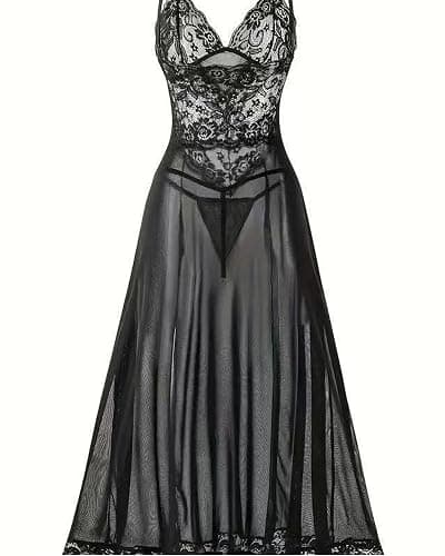 txsrbsj Women Lingerie Sexy Split Mesh Lace Floral Sheer Babydoll Lingerie Deep V Nightwear with Thong - Black - Large thumbnail 7