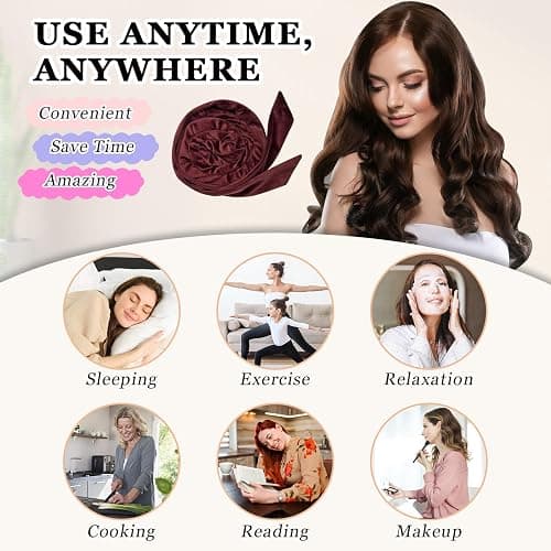 Gwabee No Heat Overnight Hair Curlers - 70" Soft Ribbon Curl Wrap with 9 Curling Rods, Headband for Long Hair Rollers - Burgundy thumbnail 6