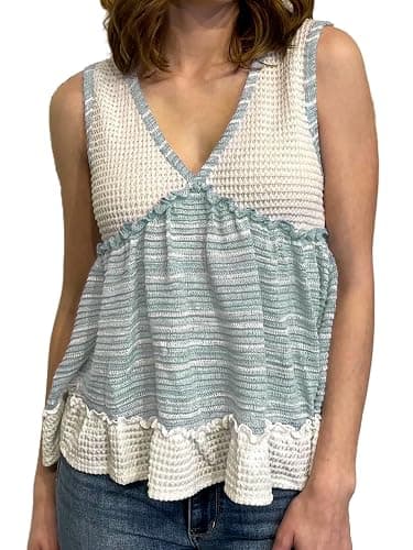 HOULENGS Women's Summer V Neck Babydoll Tank Tops Sleeveless Waffle Knit Peplum Blouses Color-Block Ruffle Hem Flowy Shirts - Image 1