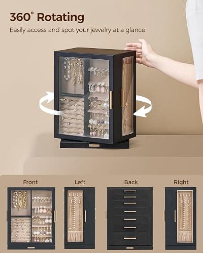 Glimmloop 360° Rotating Jewelry Box with 7 Drawers, Spacious Vertical Jewelry Organizer with Glass Window, Jewelry Storage Case, Dustproof & Moisture-resistant Design, Black thumbnail 4