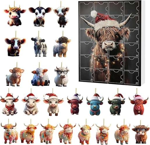 Christmas Highland Cow Advent Calendar 2025: 24-Day Surprise Christmas Countdown, 2D Acrylic Hanging Ornaments for Xmas Tree & Home Decoration (010) - Image 1