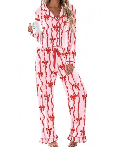 Ekouaer Womens Pajama Sets Long Sleeve Sleepwear Button Down Pjs Loungewear | Classic Notch Collar Lounge Sets, Comfy 2 Pieces Ruffle Pants for Home, Party, Wedding, Maternity, Gift - Image 1