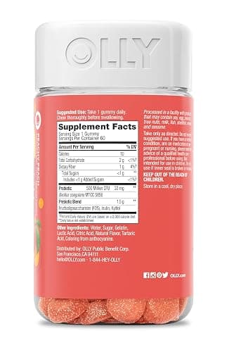 OLLY Probiotic + Prebiotic Gummy, Digestive Support and Gut Health, 500 Million CFUs, Fiber, Adult Chewable Supplement for Men and Women, Peach, 60 Day Supply - 60 Count thumbnail 2