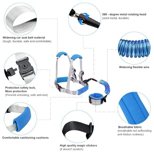 Blisstime 2 in 1 Toddler Leash - Anti Lost Wrist Link for Toddlers - Toddler Harness, Baby Leash, Leash for Toddlers, Wrist Leashes, Child Leashes for Toddlers, Not Easy to Open Without Key - blue thumbnail 5