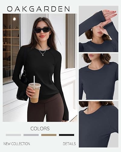 Oakgarden 4 Pack Women's Seamless Workout Shirts Long Sleeve Yoga Athletic Top Thumb Holes Raglan Crewneck Sports Running Tee thumbnail 4