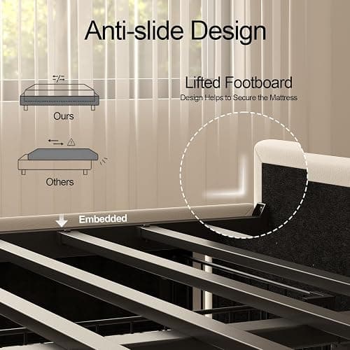 Queen Bed Frame with 4 Storage Drawers, Adjustable Wavy Headboard, White | PU Upholstered Princess Platform Bed with RGB LED Lights and Charging Station, Metal Slats Support, No Box Spring Needed thumbnail 8