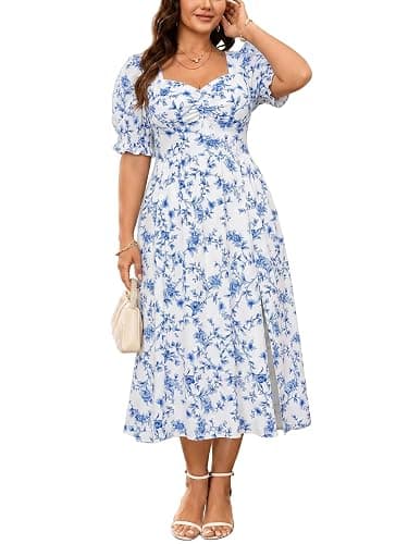 SCOMCHIC Plus Size Summer Dresses for Women Boho Floral Puff Sleeve Sweetheart Neck Ruched Bust Flowy A-Line Sun Midi Dress - Image 1