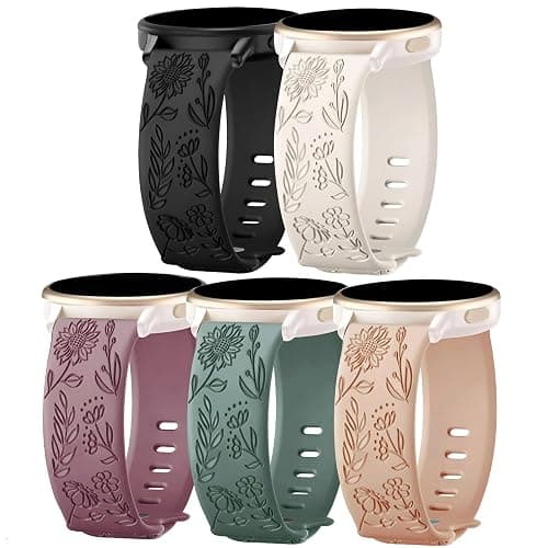 TUCOMO 5 Pack Floral Engraved Watch Bands Compatible with Garmin Vivoactive 6/Vivoactive 5/3/3 Music, 20mm Soft Silicone Sport Wristband Straps for Garmin Venu SQ/Forerunner 55/165/245 Women - Image 1