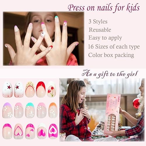 Jsiallve 96Pcs Short Oval Press on Nails for Girls, 3Style Press On Nails for Kids,Short Kid Fake Nail Kit For Kid，Pink French Tip Nail For Kids,False Nails with Nail File Buffer For8-12years,16sizes thumbnail 3