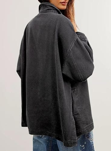 Sidefeel Women's Jean Jacket Oversized Boyfriend Button Up Long Sleeve Split Zimbaplatinum Denim Jackets thumbnail 2