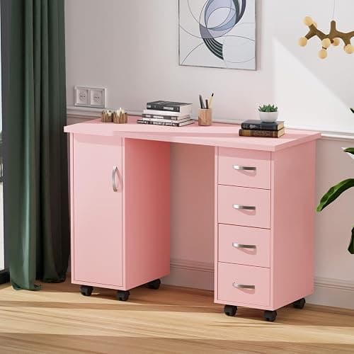 OmySalon Manicure Table Nail Desk with Cabinet, Drawers, Wheels & Wrist Rest, Spa Salon Beauty Home Wooden Technician Workstation for Nail Tech, Pink thumbnail 8