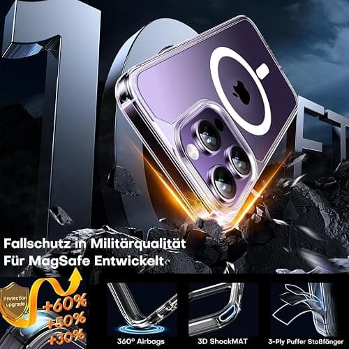 TAURI für iPhone 14 Pro Hülle 6,1" mit Panzer Schutz Glas Folie, Kompatibel mit MagSafe, Schutz nach Militärstandard, [Anti-Vergilbung] Stoßfest Magnetisch Handyhülle - Durchsichtig thumbnail 3