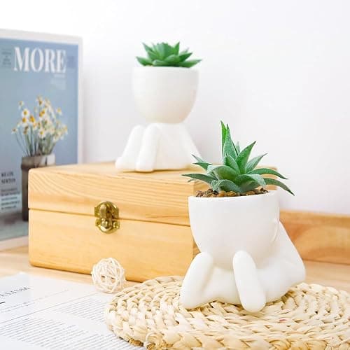 Der Rose 2 Pack Fake Plants in White Pots with Face Decals for Desk Decor | Customizable face stickers, playful sculptural planters,suitable for office desk bathroom shelf bedroom decor thumbnail 7