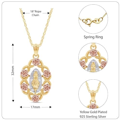 AFFY Our Lady of Guadalupe Pendant Necklace, Three-Tone 14K Gold Over 925 Sterling Silver, Inspirational Religious Catholic Jewelry Gift for Women & Men with 18" Rope Chain thumbnail 2