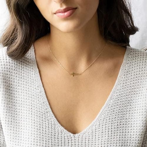 VIROMY Gold Cross Necklace for Women 14K Gold Plated Cute Sidways Cross Pendant Choker Necklaces Simple Trendy Everyday Jewelry for Women thumbnail 2