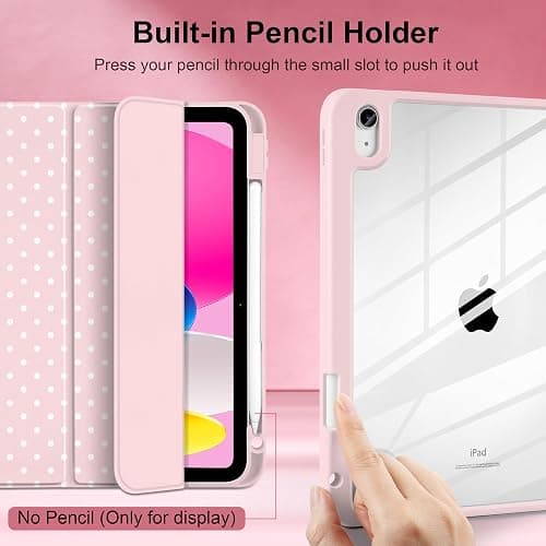Yebiseven Case for iPad A16 11th Generation 11 inch 2025, iPad 10th Generation 10.9 inch 2022 -[Built-in Pencil Holder], Shockproof Clear Hard Back, Trifold Stand, Auto Wake/Sleep, Pink White dot thumbnail 5