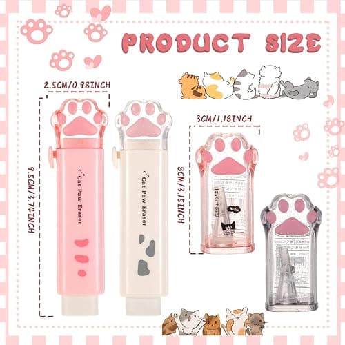 Sabary 4 Pcs Cute Cat Paw Stationery 2 Kawaii Pencil Sharpener 2 Retractable Eraser for Kids Home Office School(White, Pink) thumbnail 3