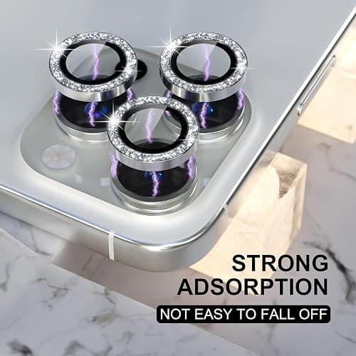 Choiche Compatible for iPhone 16 Pro/iPhone 16 Pro Max Camera Lens Protector Bling, 9H Tempered Glass Camera Cover Screen Protector Metal Ring Decoration Accessories (Glitter-Silver) thumbnail 6