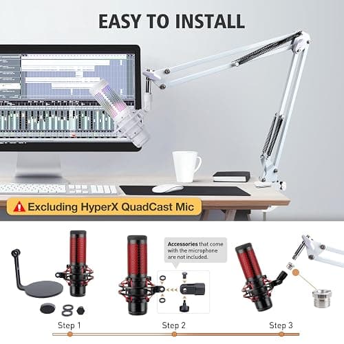 For HyperX QuadCast S White Boom Arm - White Mic Arm Compatible with Hyper x QuadCast, Microphone Boom Arm with Pop Filter, Improve Sound Quality, Mic Boom Arm for Hyperx QuadCast by SUNMON thumbnail 2