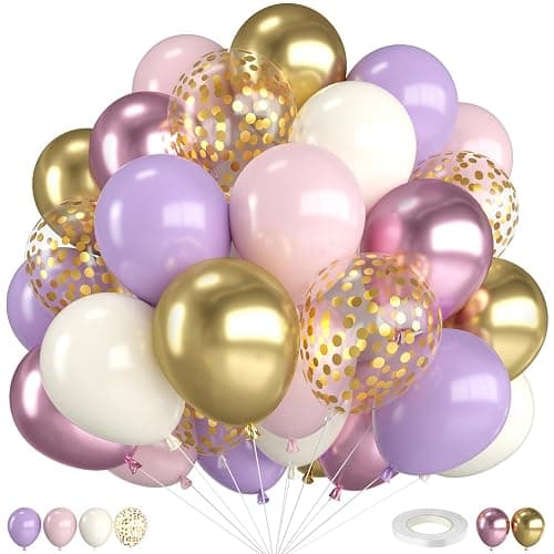 Pink and Purple Balloons,12 Inch Metallic Pink Light Purple White and Gold Baloons with Confetti Balloon for Girls Birthday Baby Shower Wedding Bridal Shower Party Decorations - Image 1