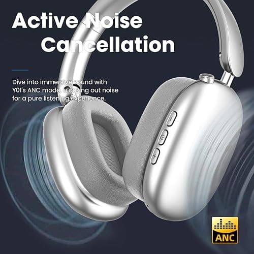 Wentronic Y01 Wireless Over Ear Headphones, Noise Canceling Bluetooth 5.3 Headphones with Microphones,Hi-Res Audio,48H Playtime,Foldable,Breathable Soft Earpads for iOS/Android/Samsung/PC-Silver thumbnail 2