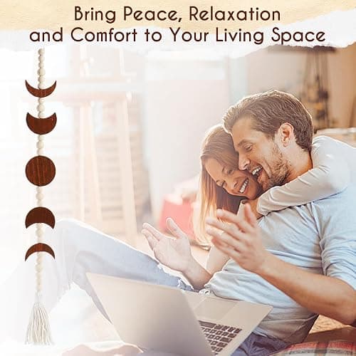 Ausicfen Moon Phase Wall Hanging Wood Beaded with Tassel,Phases of The Moon,Boho Home Decor for Living Room Bedroom Office(Brown) thumbnail 5