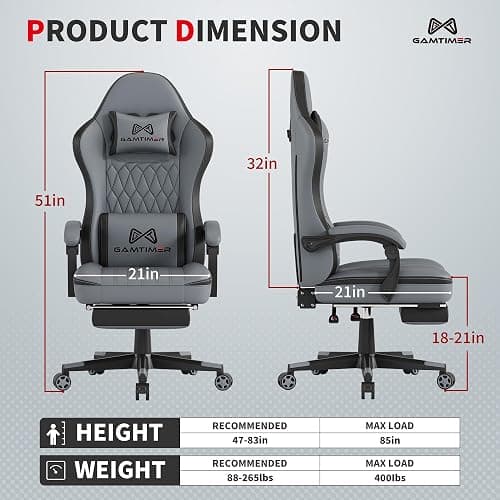 Gamtimer Gaming Chair with Footrest, Ergonomic Computer Chair, PU Breathable Material with Headrest and Lumbar Support, Suitable for Silla Gamer and Adults（Grey） thumbnail 3