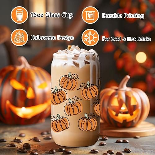 LEADO Pumpkin Cup - Fall Gifts, Halloween Glass Cup, Fall Basket Stuffers | Pumpkin, Birthday, Fall Gifts for Women, Adults, Halloween Boo Basket, Halloween Iced Coffee Cup, 16 oz Thanksgiving Tumbler thumbnail 3