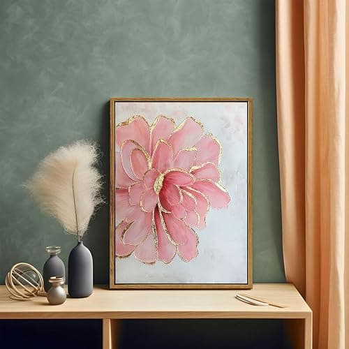 Framed Pink Peony Flower Canvas Wall Art Modern Pink and Gold Floral painting Decor Pictures Abstract flowering Posters Prints for Corridor Living Classroom Bedroom Woman Room Decoration thumbnail 3