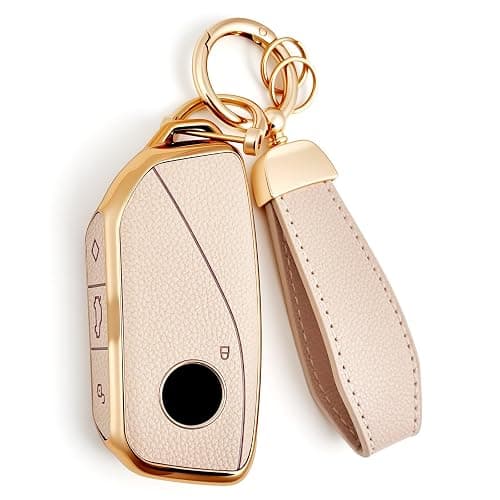 Amazauto Soft TPU & Leather Key Fob Cover, Compatible with BMW X1 X2 X3 X5 X6 X7 XM 2023~2026 etc, Car Key Protector with Keychain, Beige - Image 1