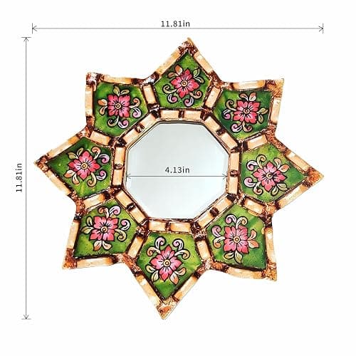 Starburst Decorative Wall Mirror Green Floral Hand-Painted Wooden Frame Shatterproof Acrylic Hanging Mirror Vintage Boho Moroccan Wall Mirror Decor for Living Room Bedroom Entryway Small Accent Mirror thumbnail 3
