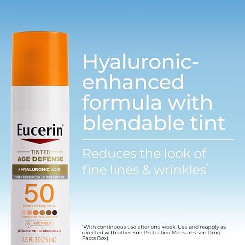Eucerin Sun Tinted Age Defense Face Sunscreen Lotion SPF 50 with Hyaluronic Acid, Tinted Sunscreen for Face, Blendable Tint for All Skin Tones, Non Comedogenic and Hypoallergenic, 2.5 Fl Oz Bottle thumbnail 2