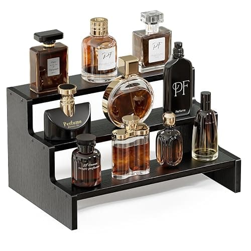 ProCase Wooden Cologne Organizer for Men, 3 Tier Perfume Organizer, Mens Cologne Stand Holder Storage, Display Riser Shelf Rack for Fragrances Candles Cosmetics Cupcake Figure Spice -Black - Image 1