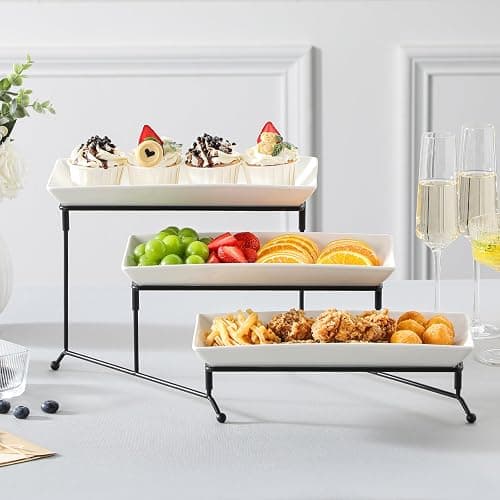 MALACASA 3 Tier Serving Trays for Party, Porcelain Serving Platters and Trays, 12 Inch Tiered Tray Stand, Fruit Tray, Trays for Serving Food, White Dessert Stand with Collapsible Sturdier Metal Rack thumbnail 2