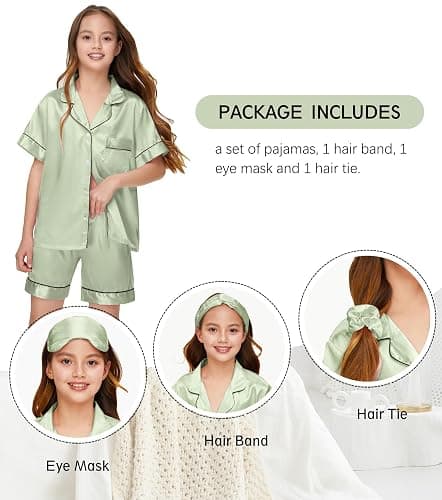 ALHAVONE Kids Silk Pajamas Girls Satin Pajama Set Button Down Pjs Set 5-12Y | Button-down top with pocket, elastic waist bottoms. 3 accessories. Ideal for sleep, birthday, spa party, Christmas, gifting thumbnail 4