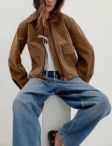 Yeokou Women Faux Leather Jacket Loose Lapel Long Sleeve Zip Up Coat Casual Fall Outwear with Pockets thumbnail 4
