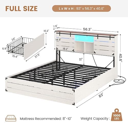 VIAGDO Wooden Bed Frame Full Size with Bookcase Headboard and Sliding Barn Door, Farmhouse Bed Frame Full Size with Charging Station, LED Lights and 4 Storage Drawers, No Box Spring Needed, White thumbnail 2
