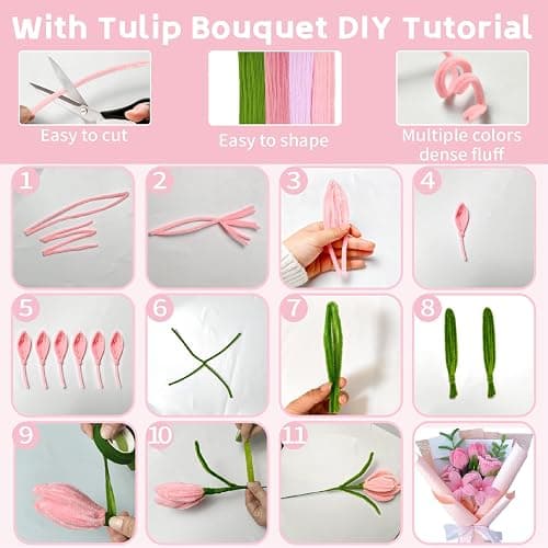 CllyCnny Pipe Cleaners Craft - 400 PCS Chenille Stems DIY Flowers Kit Green Pink 4 Colors Pipecleaners Bulk with Instruction Floral Stems Stamens Tapes Ribbons for Tulips Bouquet Making Supplies thumbnail 5