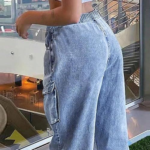 AprPith Mid Rise Cargo Jeans Women Elastic Waist Stretch Wide Leg Denim Pants with Pockets Baggy Streetwear Pants y2k thumbnail 6
