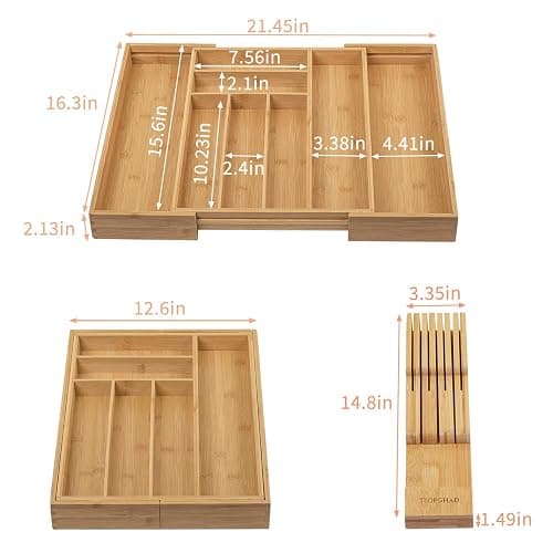 TIOPGHAD Bamboo-Silverware-Drawer-Organizer-Kitchen, Expandable Utensil Holder Cutlery Tray Flatware Organization Adjustable Wood Tableware Dividers Storage (with Removable Knife Block)(Natural) - Natural - Large thumbnail 3