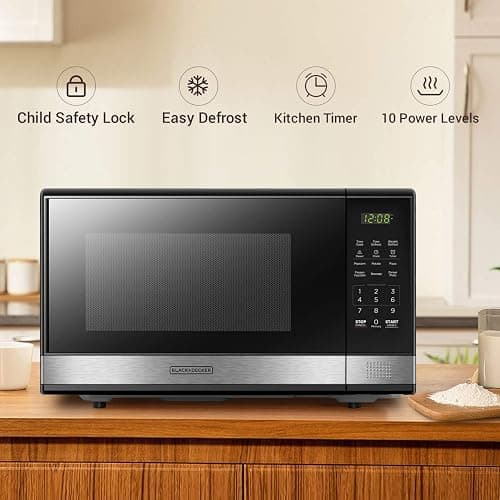 BLACK+DECKER EM031MB11 Digital Microwave Oven with Turntable Push-Button Door, Child Safety Lock, 1000W, 1.1cu.ft, Black & Stainless Steel, 1.1 Cu.ft thumbnail 3