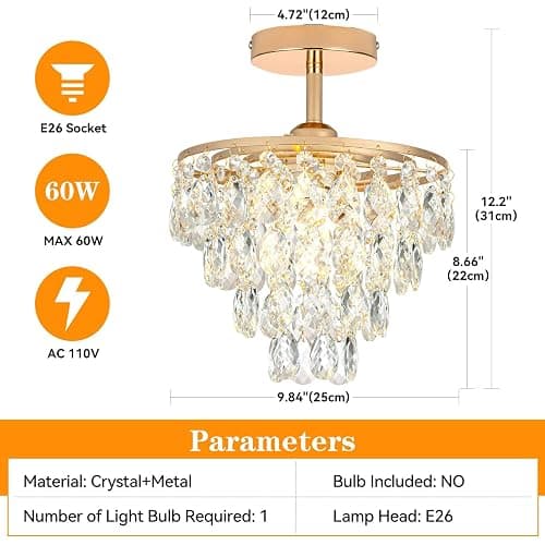 YONGYIPE Mini Crystal Chandelier Modern Crysal Flush Mount Ceiling Light for Bedroom Closet Hallway with E26 Base Small Pendant Light (Gold-Ceiling) thumbnail 7