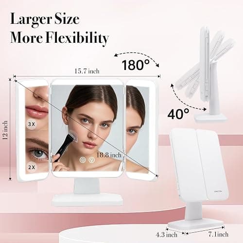 SIMETRA 15.6'' Rechargeable Makeup Mirror with Lights, 156 LED Magnification Vanity Mirror with 3 Colors Lights, 3000mAh Lighted Mirror, Touch Control Trifold Mirror for Women Travel Desk thumbnail 2