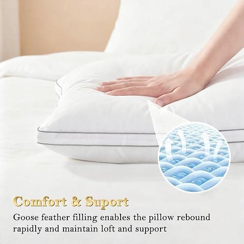 Homotive Feather Pillows Queen Size Set of 2 Goose Down Pillows with 100% Breathable Cotton Cover, Hotel Collection Bed Pillows for Sleeping, Soft Support for Back, Stomach and Side Sleepers thumbnail 4