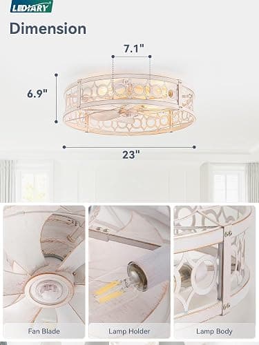 LEDIARY 23 Inch Caged Flush Mount Ceiling Fans with Lights, White Gold | Low Profile, Farmhouse, Bladeless Enclosed Fandelier, Small, 6 Speed, Quiet Powerful DC, Bedroom, Kitchen, Living Room, thumbnail 2