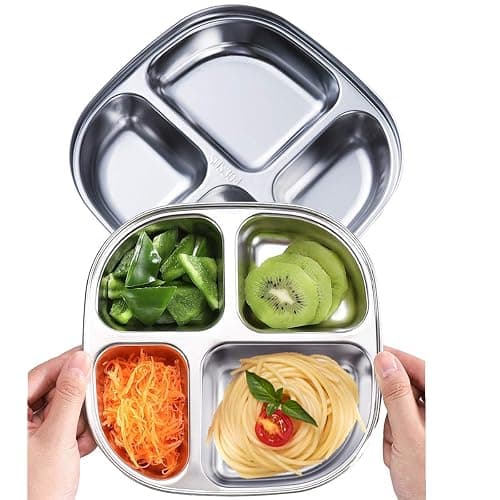 AIYoo Set of 2 Stainless Steel Dinner Plates 4 Sections Divided Platter Dinner Tray - Lightweight Metal Plate for Adults and Campers, Portion Control Bariatric Weight Loss and Diabetic Diet Plates thumbnail 8