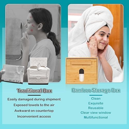 Disposable Face Towel Holder Bamboo Storage Box, Facial Towels Container Box with Drawer, Clean Towel XL Organizer for Bathroom(Excluding Facial Towels) thumbnail 2