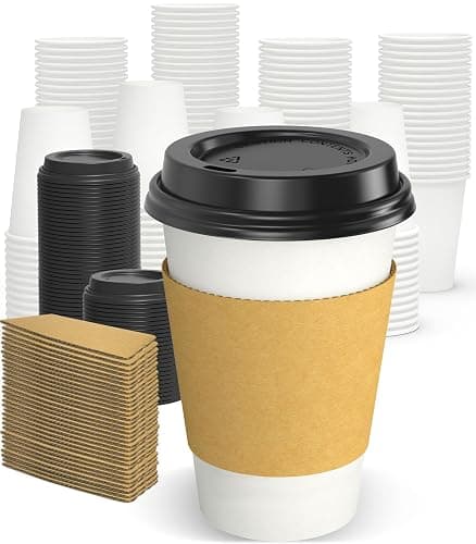 Dealusy 100 Pack 12 oz Disposable Coffee Cups with Lids and Sleeves, Sturdy Thick Paper & Leak-free Insulated to Go Paper Hot Coffee Cups with Sip Lids for Hot & Cold Beverage | with Lids, and Sleeves, Sturdy, Leak-free, Insulated, to Go Coffee Cups - Image 1